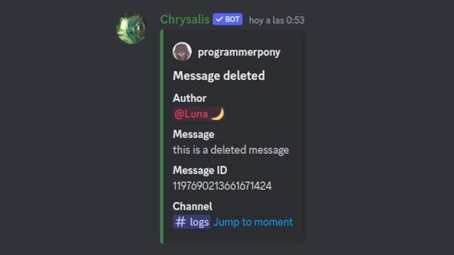 Chrysalis logging a deleted message.