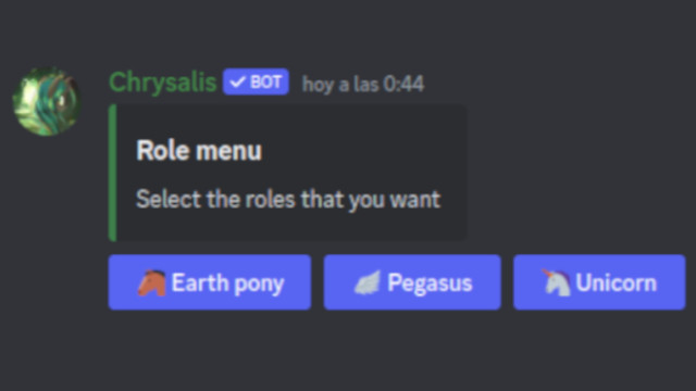 Role menu with the following available roles: Earth pony, Pegasus, Unicorn.